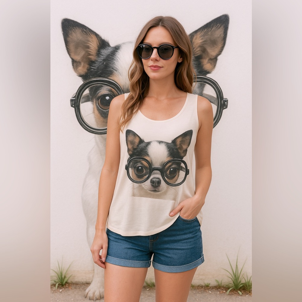 Cute Chihuahua Dog with oversized Glasses Graphic Cream Cotton Tank Top